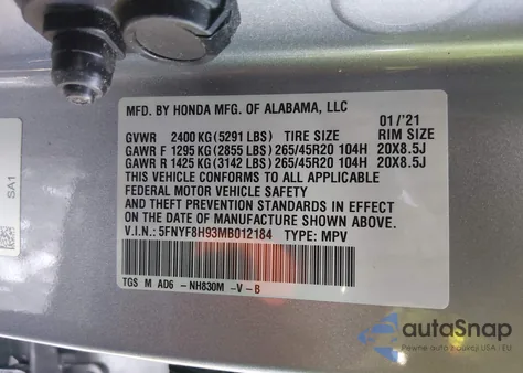 2021 Honda Passport Awd Touring from USA, damaged, VIN 5FNYF8H93MB012184